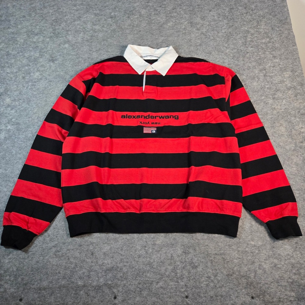 Alexander Wang Mens Red Striped Rugby Streetwear Sweatshirt Size M